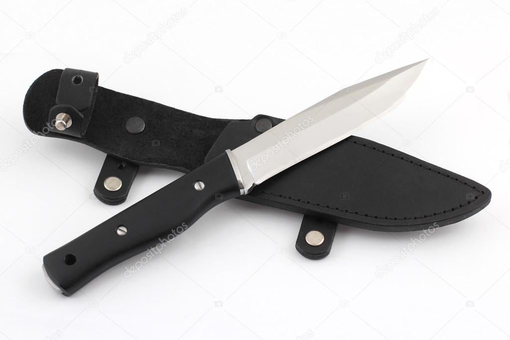 a knife with a black handle from Micarta with black leather sheath 