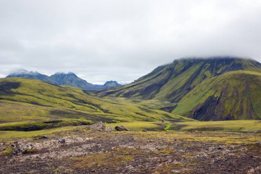 Etrafı bulutlarla çevrili engebeli dağlarla çevrili engin yeşil vadiler arazide uzanıyor. Bu büyüleyici İzlanda arazisi serin bir yaz gününde doğanın güzelliğini sergiliyor..