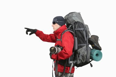 seyahat etmek sırt çantası ve beyaz adam üzerinde mesafe eline Puan el kamera ile kırmızı ceketli