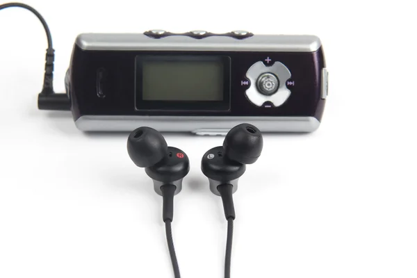 Аудіо навушники невеликі у випадку музичного програвача — стокове фото