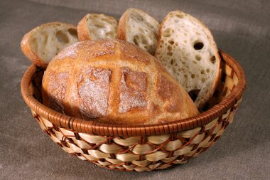 dilimlenmiş beyaz ekmek üzerinde masa örtüsü gri keten hasır sepet içinde olduğunu