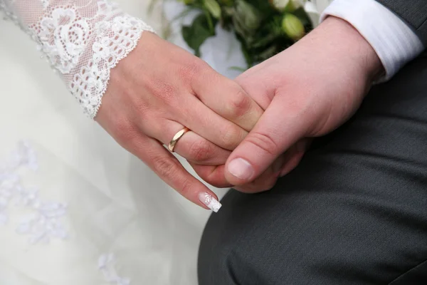 Groom holds the bride by the hand closeup — Stock Photo, Image