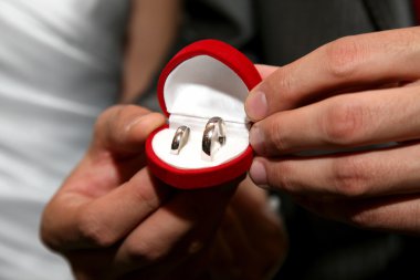 bir kutu altın alyans yakın çekim damat tutar 