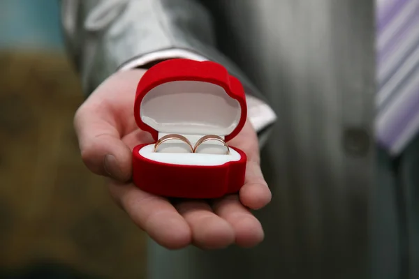 Sposo tiene una scatola con fedi nuziali in oro da vicino — Foto Stock