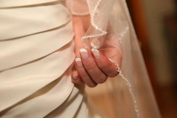 De bruid houdt hand rand bruids sluiers — Stockfoto