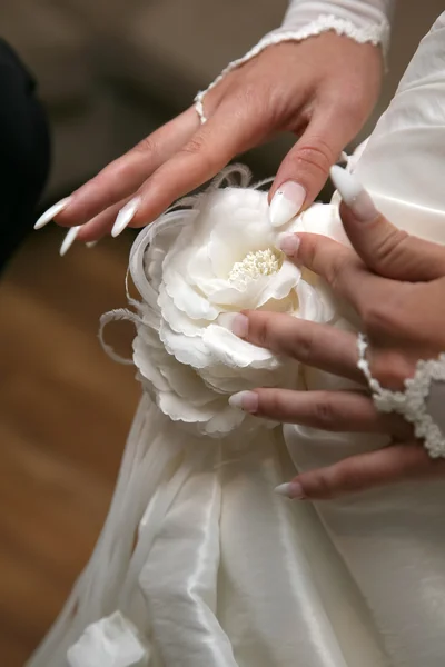 Bride straightens the flower on your dress Royalty Free Stock Photos