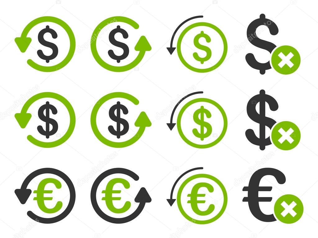Dollar And Euro Chargeback Flat Vector Icon Set