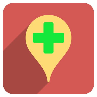 Uzun gölge ile tıbbi harita işaretleyici düz yuvarlak kare simgesi