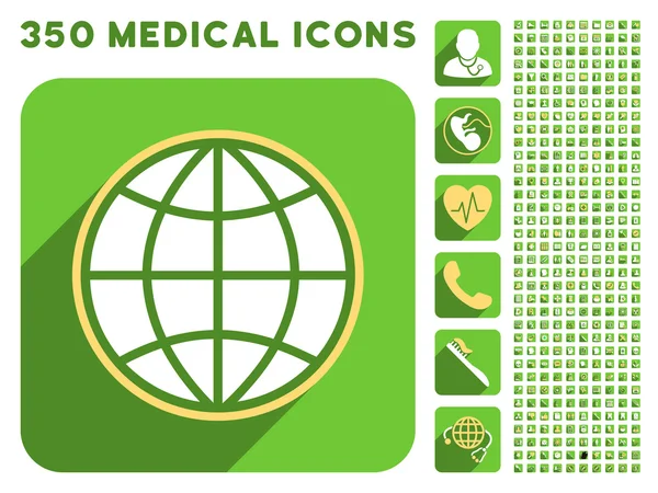 Wereldbol icoon en medische Longshadow Icon Set — Stockfoto