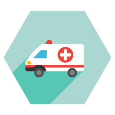 Uzun gölge ile ambulans araba düz altıgen simgesi