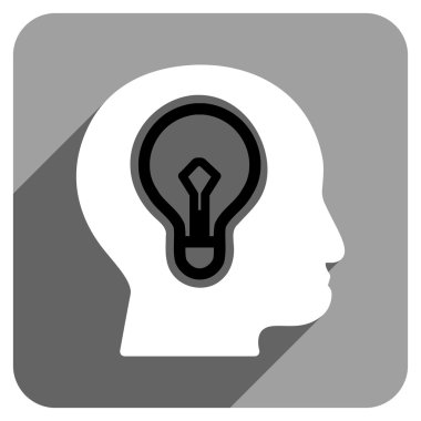 Uzun gölge ile baş fikir ampul düz kare simgesi