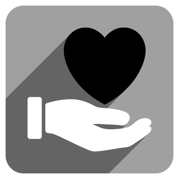 Καρδιά φιλανθρωπική χέρι επίπεδης τετράγωνο εικονίδιο με πολύ σκιά — Διανυσματικό Αρχείο
