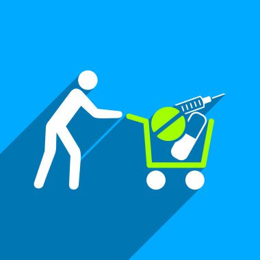 Uzun gölge ile tıbbi alışveriş sepeti düz kare simgesi