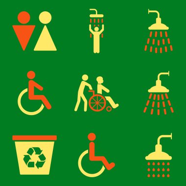 Tuvalet ve duş düz glif Icon Set