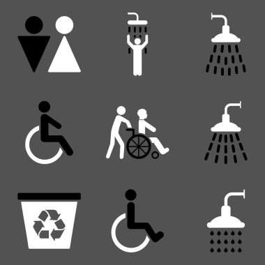 Tuvalet ve duş düz glif Icon Set