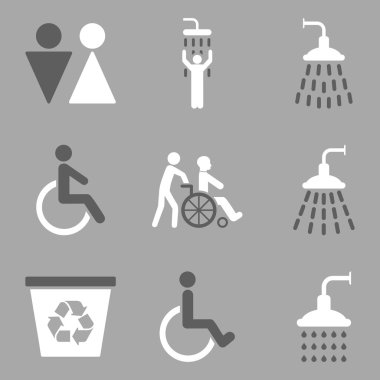 Tuvalet ve duş düz glif Icon Set