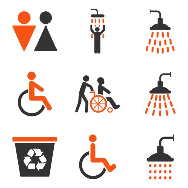 Tuvalet ve duş düz glif Icon Set