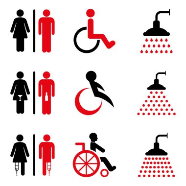 Tuvalet ve duş düz glif Icon Set