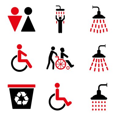 Tuvalet ve duş düz glif Icon Set