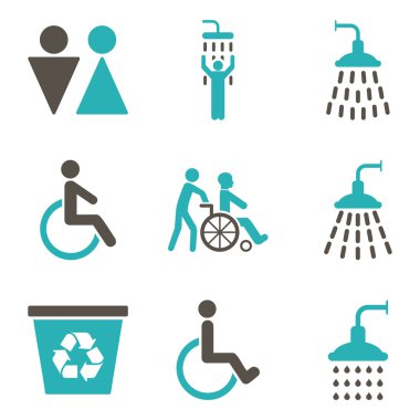 Tuvalet ve Duş Düz Vektör Simge Seti