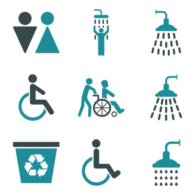 Tuvalet ve Duş Düz Vektör Simge Seti