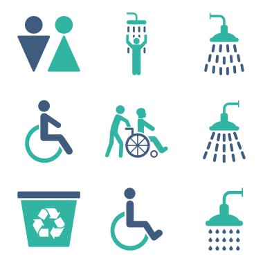Tuvalet ve Duş Düz Vektör Simge Seti