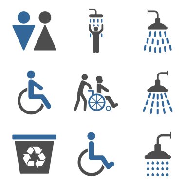 Tuvalet ve Duş Düz Vektör Simge Seti