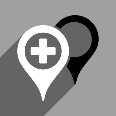 Uzun gölge ile hastane harita işaretleri düz kare simgesi