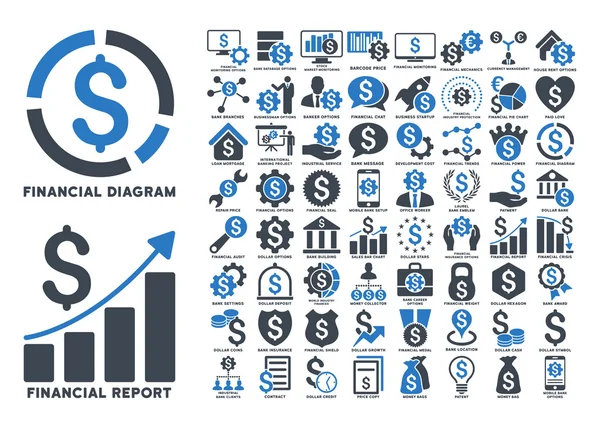 Dollar Finances iconos de vectores planos con leyendas — Archivo Imágenes Vectoriales