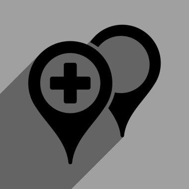 Uzun gölge ile hastane harita işaretleri düz kare simgesi