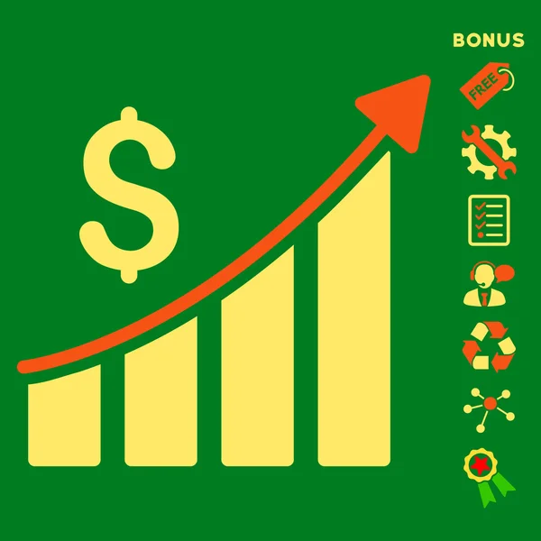 Ikona płaskie wektor wykres Bar wzrost sprzedaży z Bonus — Wektor stockowy