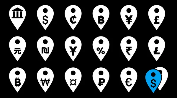 Todos os marcadores de mapa de moeda ícones vetoriais planos — Vetor de Stock