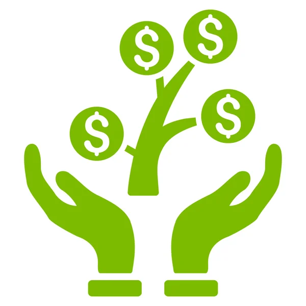 Árvore de dinheiro cuidado mãos plana vetor ícone — Vetor de Stock