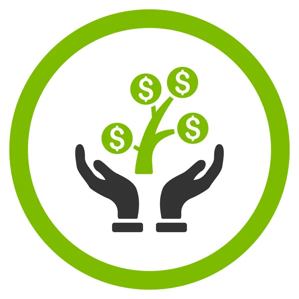 Pengar träd vård händer rundade vektor symbol — Stock vektor
