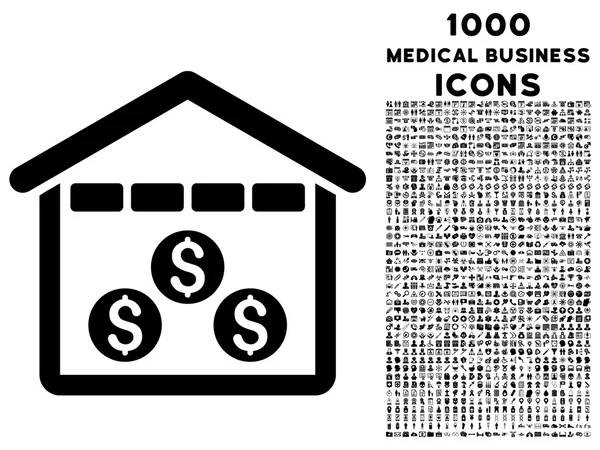 Икона денежного депозитария с 1000 иконами медицинского бизнеса — стоковый вектор