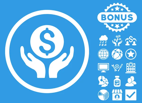 Icône vectorielle plate de mains de soin d'argent avec le boni — Image vectorielle