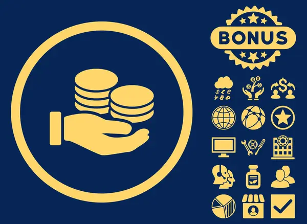 Monedas salariales Vector plano icono con bono — Archivo Imágenes Vectoriales