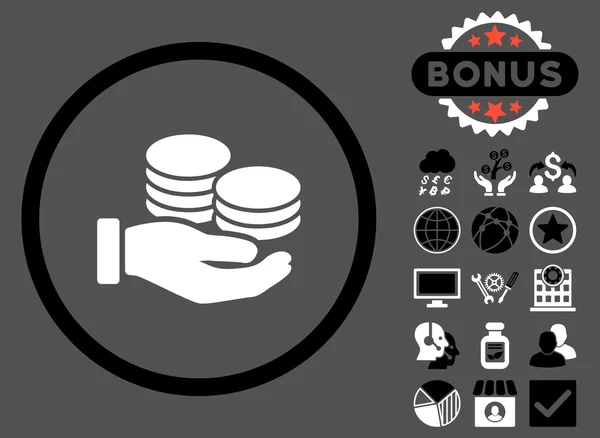 Monedas salariales Vector plano icono con bono — Archivo Imágenes Vectoriales