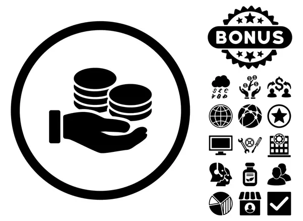 Monedas salariales Vector plano icono con bono — Vector de stock
