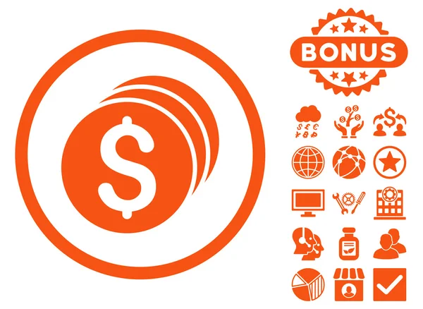 Dollar mynt platt vektor ikonen med Bonus — Stock vektor