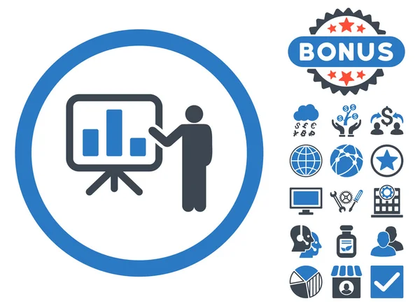 Ícone de vetor plano de apresentação de gráfico de barras com bônus —  Vetores de Stock