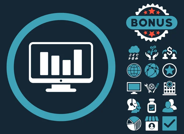 Bar Chart Monitoring Flat Vector Icon with Bonus — Stock Vector