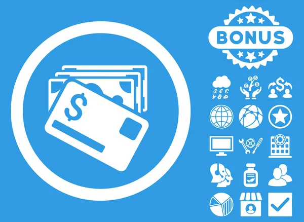 Billetes de banco y tarjeta plana Vector icono con bono — Vector de stock