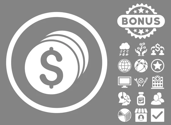 Dollár érmék lapos karakterjel ikon bónusz — Stock Fotó