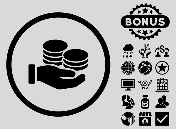 Зарплатные монеты икона плоской глифы с бонусом — стоковое фото