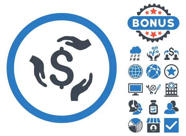 Dollar zorg handen plat Vector Icon met Bonus — Stockvector