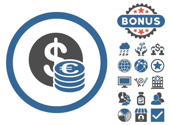 Euro i Dolar Coins płaskie Vector Icon z Bonus — Wektor stockowy