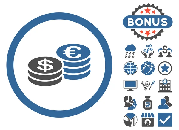 Euro a dolar mince ploché vektorové ikony s bonusem — Stockový vektor