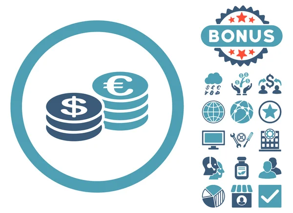 Euro a dolar mince ploché vektorové ikony s bonusem — Stockový vektor