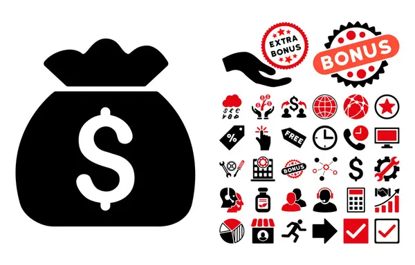 Money Bag Flat Vector Icon with Bonus — Stock Vector